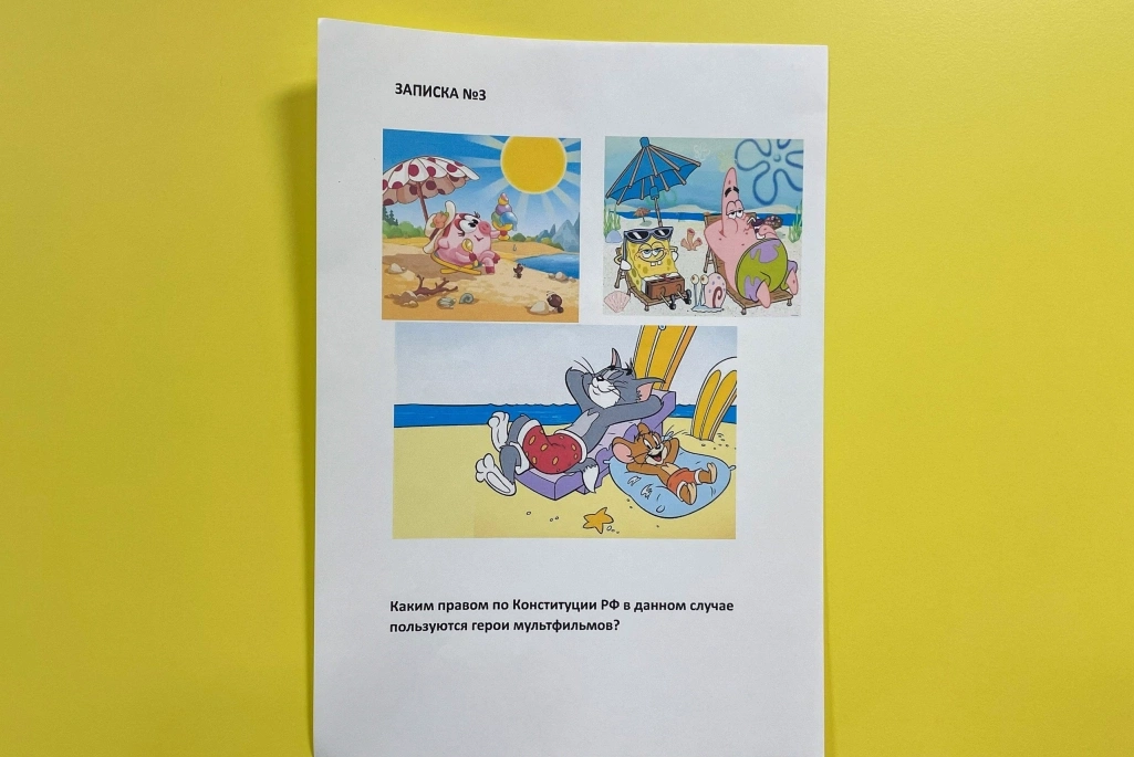 По школе развесили сценки из мультфильмов, а ребятам необходимо было угадать, какое конституционное право реализуют мульт герои.